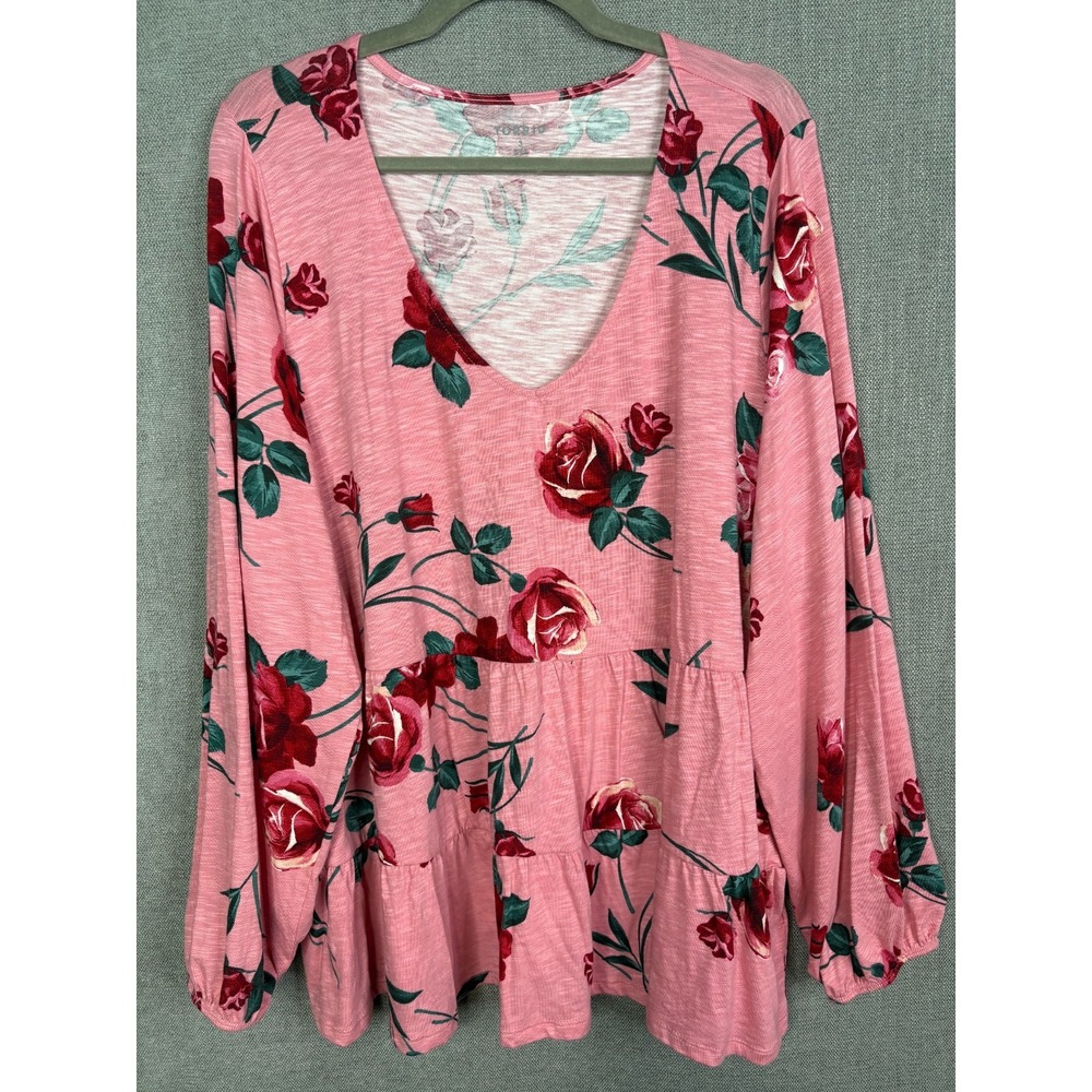 Torrid Top Womens 3X 3 Pink Floral Rose Tiered Slub Knit Long Sleeve Cottagecore